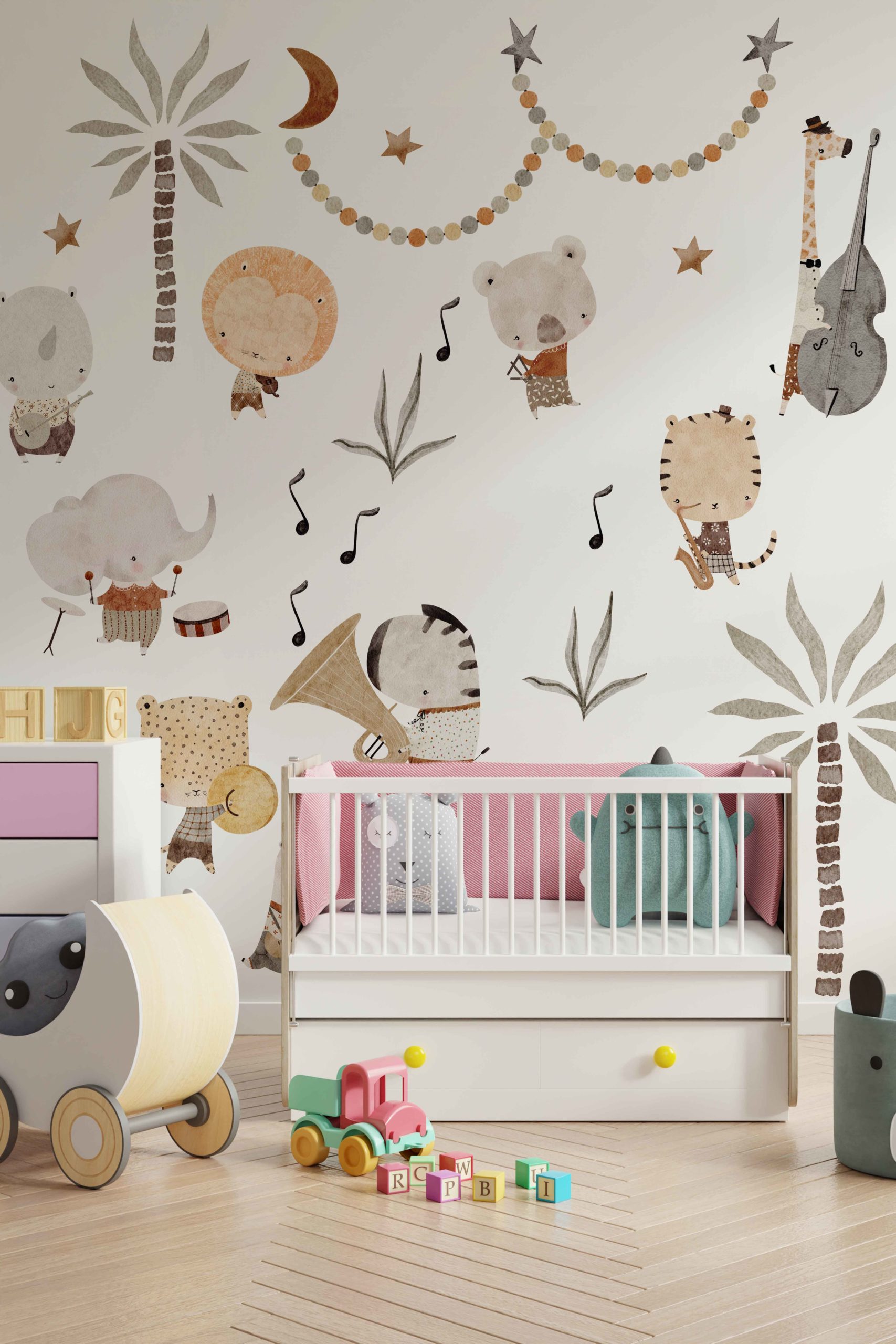 Minimalist bedroom with a white bed, yellow accents, and a grey chevron rug.